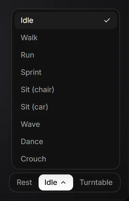 The animation menu of the Ped Creator viewport, open: Idle, Walk, Run, Sprint, Sit (chair), Sit (car), Wave, Dance, Crouch, Jump, Kick and Hands, above Rest and Turntable.