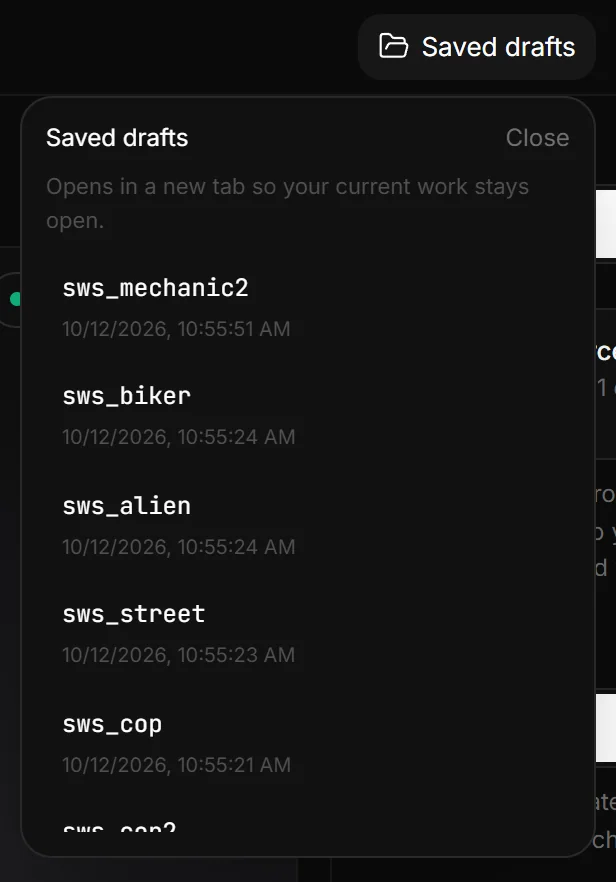 The Saved drafts list of the Ped Creator: drafts by ped name with their last change, each opening in a new tab.