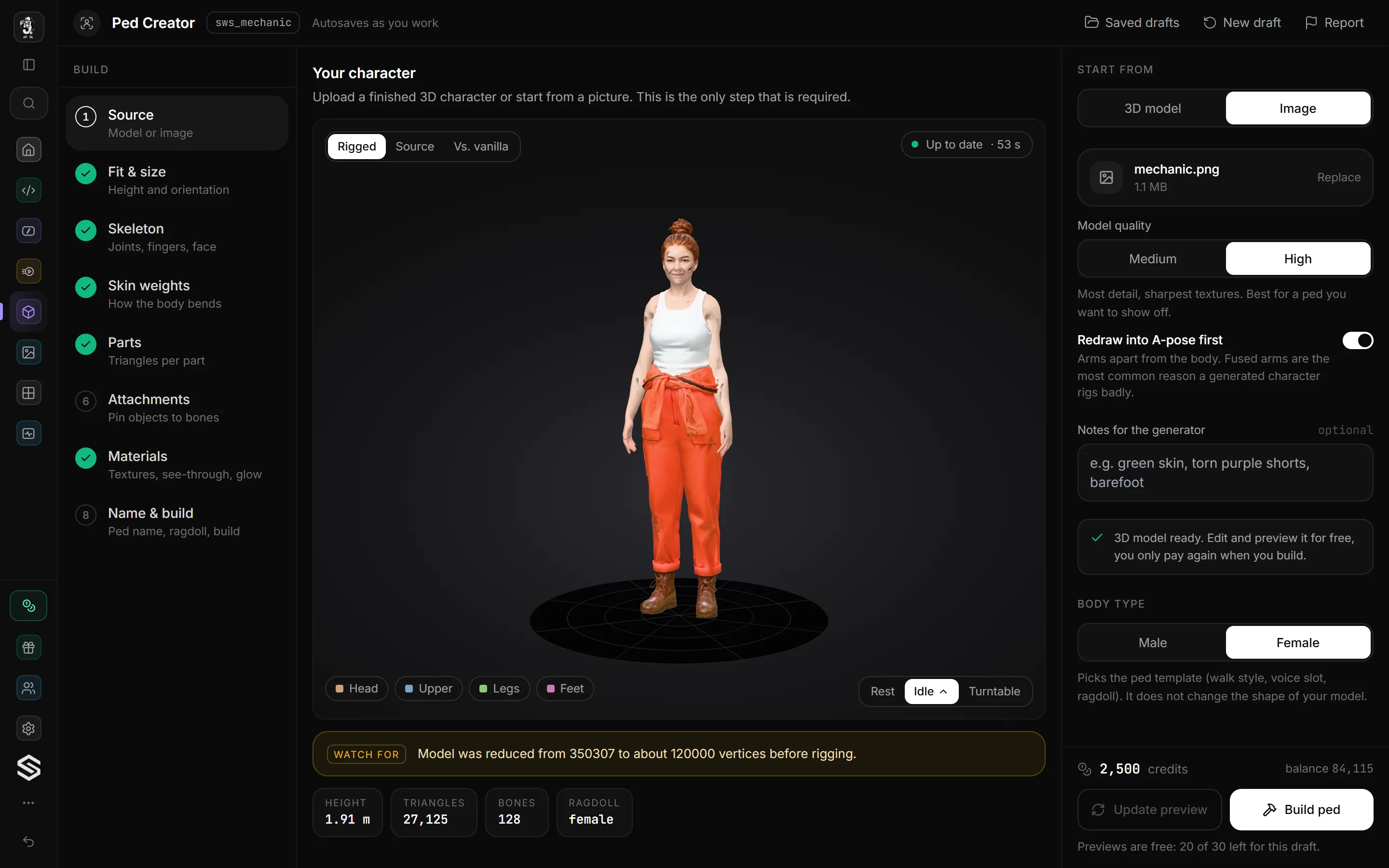 The Ped Creator editor: the eight steps on the left, the rigged ped in the viewport with the View switch and the animation control, the numbers under the view, and the Source settings with Update preview and Build ped on the right.
