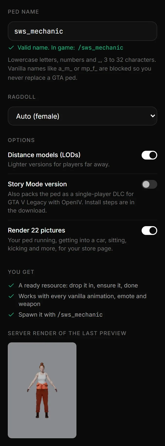 The Name & build step of the Ped Creator: the ped name sws_mechanic marked valid, Ragdoll on Auto, the options Distance models (LODs), Story Mode version and Render 22 pictures, and You get.