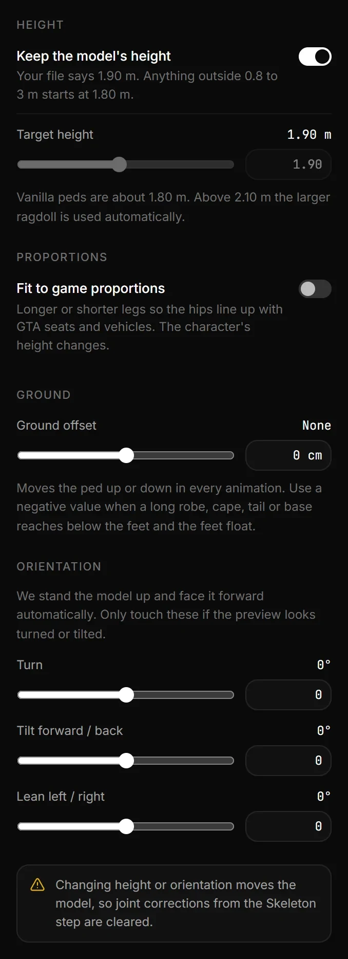The Fit & size step of the Ped Creator: Keep the model’s height with the height of the file, Target height, Fit to game proportions, Ground offset and the Turn, Tilt forward / back and Lean left / right sliders.