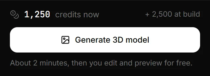 The footer on the picture path: the credits for the model now and the build later, and the Generate 3D model button.