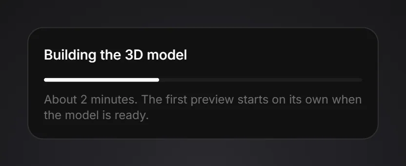The card over the Ped Creator viewport while the 3D model is generated from the picture: the stage, the progress bar and the note that the first preview starts on its own.