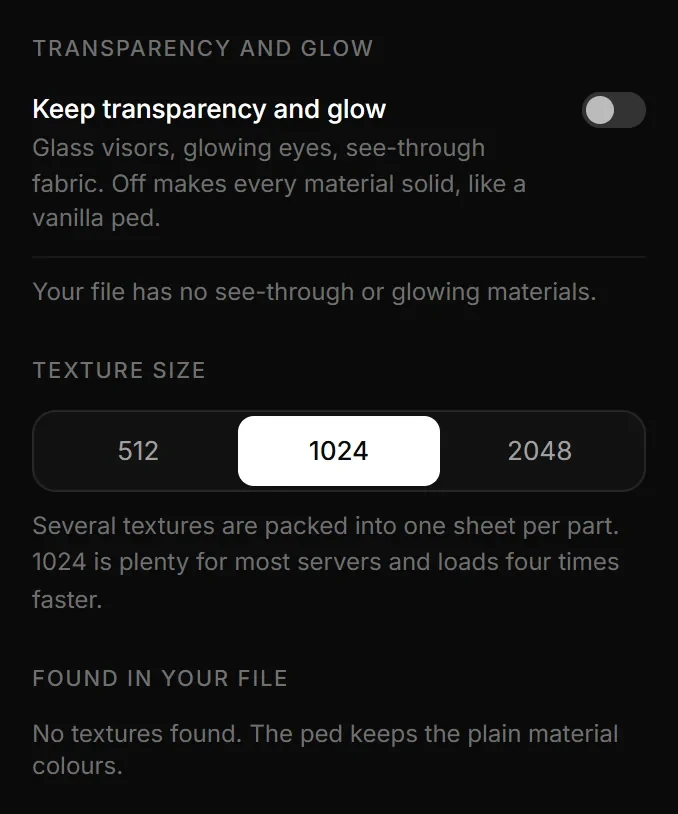 The Materials step of the Ped Creator: Keep transparency and glow with what the file contains, Texture size 512, 1024 or 2048, and Found in your file with each material and its texture.