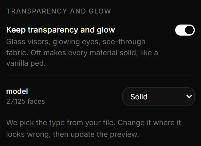 Keep transparency and glow switched on in the Materials step: each material with its faces and a type list with Solid, Cut-out, See-through and Glow.
