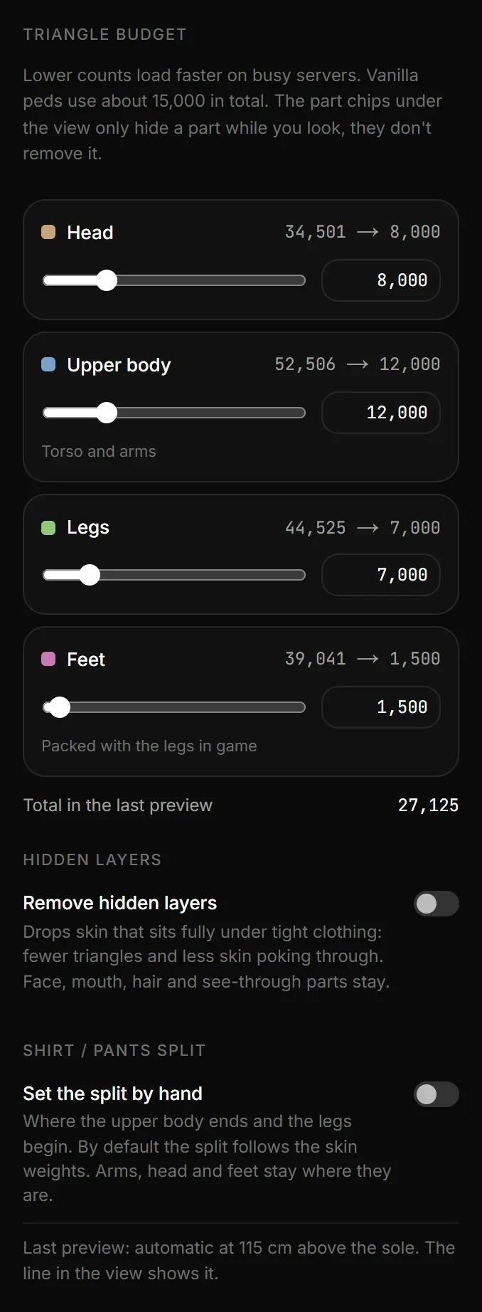 The Parts step of the Ped Creator: a triangle budget card for Head, Upper body, Legs and Feet with the total of the last preview, Remove hidden layers, and Set the split by hand.