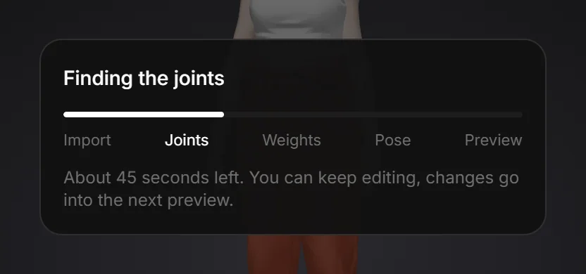 The progress card over the Ped Creator viewport during a preview: the stage title, the progress bar, the five beats Import, Joints, Weights, Pose and Preview, and the time left.
