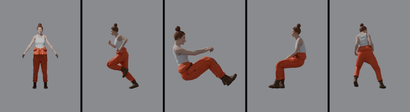 Five renders of the built ped sws_mechanic from its game files: standing, running, sitting in a car, sitting on a chair and kicking.