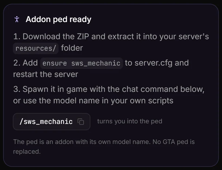 Addon ped ready on the result page: download and unzip into resources, ensure sws_mechanic in server.cfg, and the chat command /sws_mechanic.