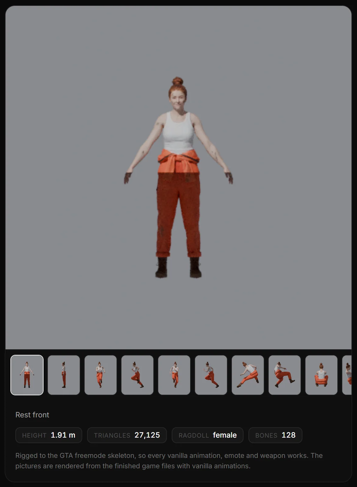 The result page of the ped sws_mechanic: a large render from the game files, the thumbnails of all pictures, and Height, Triangles, Ragdoll and Bones.
