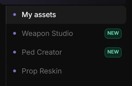 The Assets section of the app sidebar: My assets, Weapon Studio, then the Ped Creator with a NEW badge, then Prop Reskin.