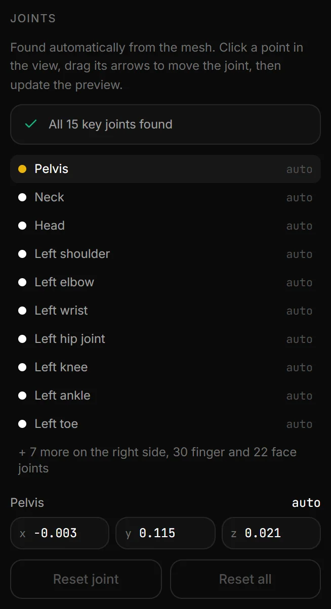 The Joints group of the Skeleton step: the note on the key joints, the joint list with auto or the distance moved, the selected joint with its x, y and z fields, and Reset joint and Reset all.
