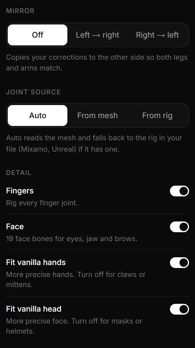 The lower part of the Skeleton step: Mirror with Off, Left → right and Right → left, Joint source with Auto, From mesh and From rig, and the Detail switches Fingers, Face, Fit vanilla hands and Fit vanilla head.