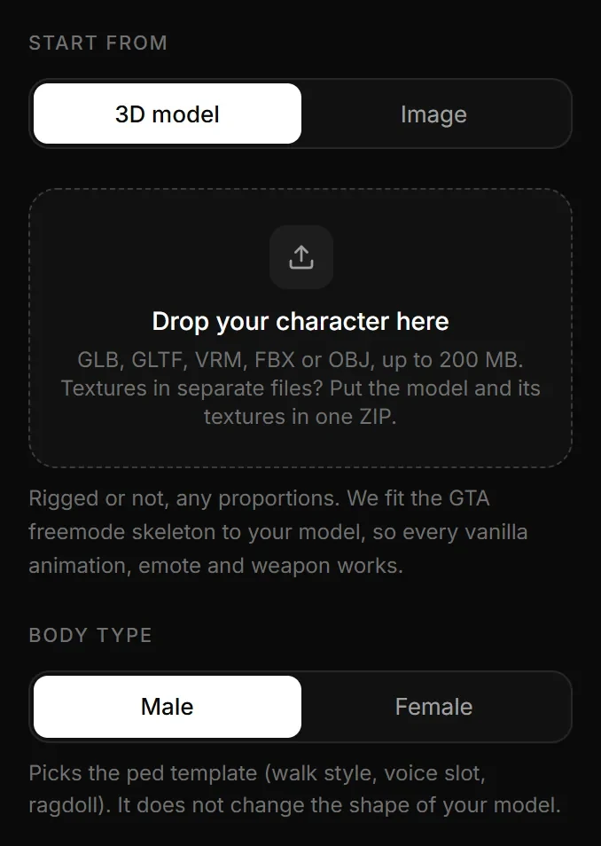 The Source step of an empty Ped Creator draft: Start from with 3D model picked, the drop zone Drop your character here with the accepted formats, and Body type.