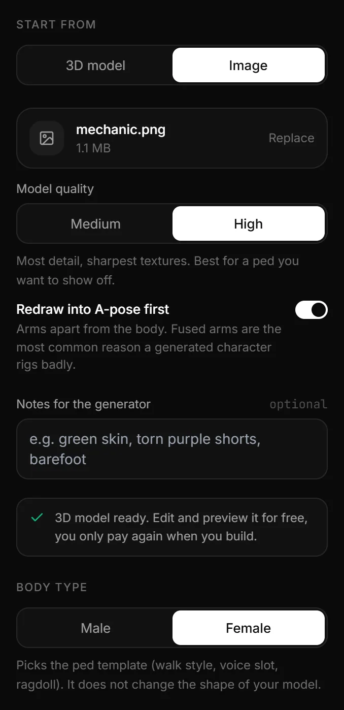 The Source step after the generation: the generated model as the file card, and the note 3D model ready. Edit and preview it for free, you only pay again when you build.