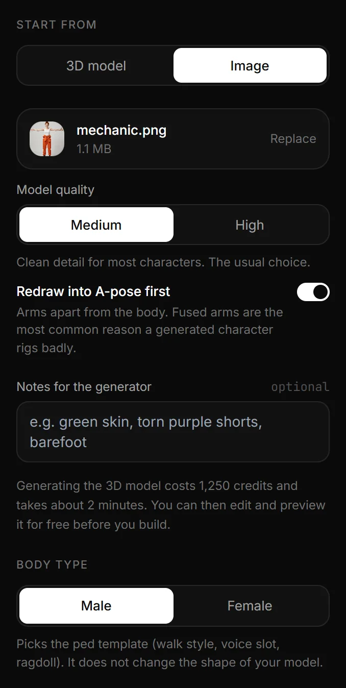 The Source step with Start from set to Image: the uploaded picture, Model quality with Medium picked and its note, Redraw into A-pose first switched on, and the optional Notes for the generator.