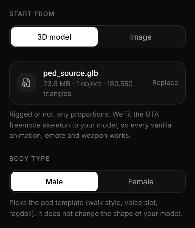 The Source step with an uploaded model: the file card with size, objects and triangles, the Replace button, the help line and Body type.