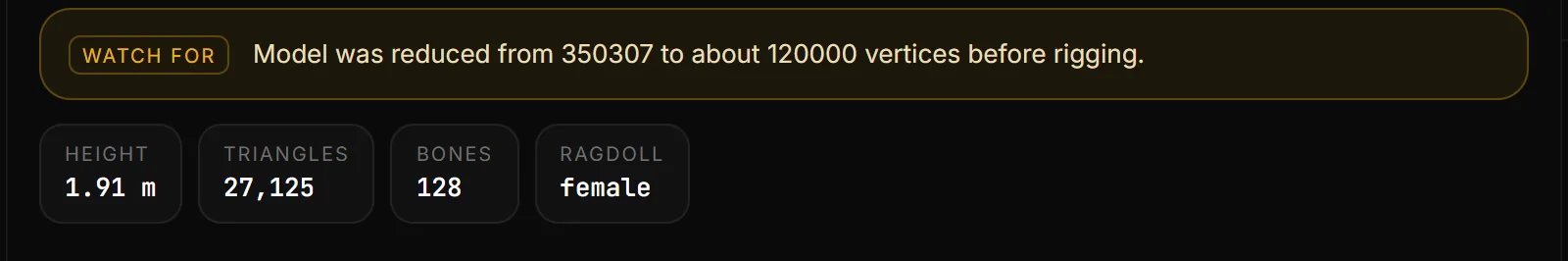 The WATCH FOR strip under the Ped Creator viewport: the warnings of the last preview, each naming the setting that fixes it.
