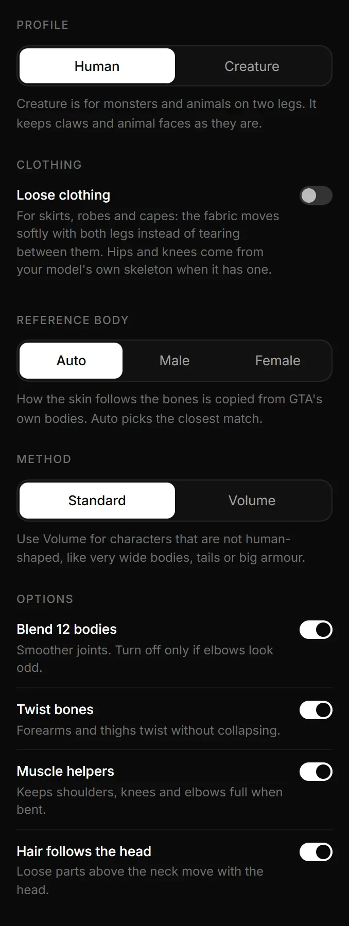 The Skin weights step of the Ped Creator: Profile Human or Creature, Loose clothing, Reference body, Method Standard or Volume, and the Options Blend 12 bodies, Twist bones, Muscle helpers and Hair follows the head.