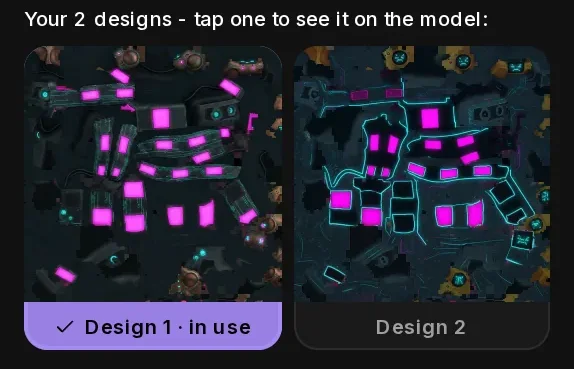 The two designs of one AI Design generation under the Generate button: Design 1 in use, Design 2 next to it.