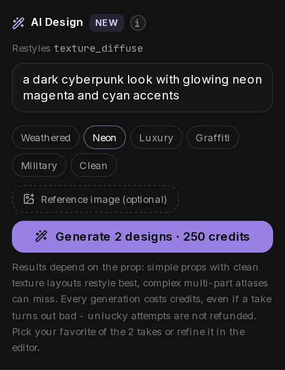 The AI Design panel with the Neon idea filled in, the six idea chips, the optional reference image and the Generate 2 designs button with its price.