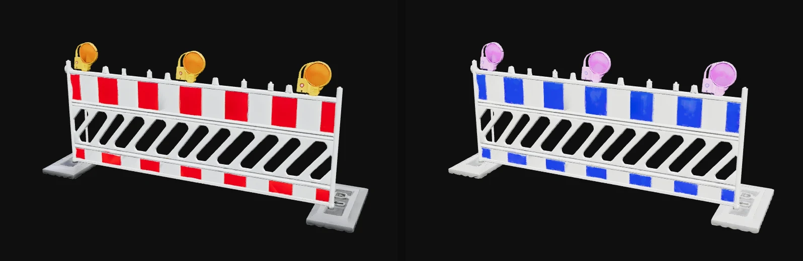 The road barrier before and after the quick start: red and white stripes on the left, blue and white on the right.