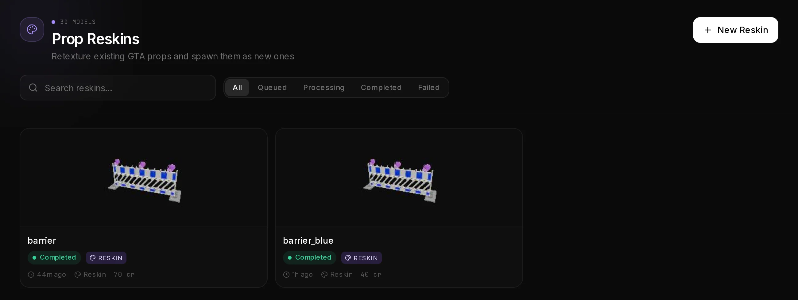 The Prop Reskins page: the New Reskin button, search and status filters, and the finished reskins of the docs run as cards.