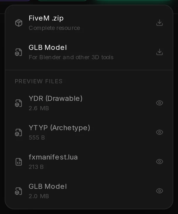 The download menu of a finished reskin: FiveM .zip, GLB Model and the single files of the resource.