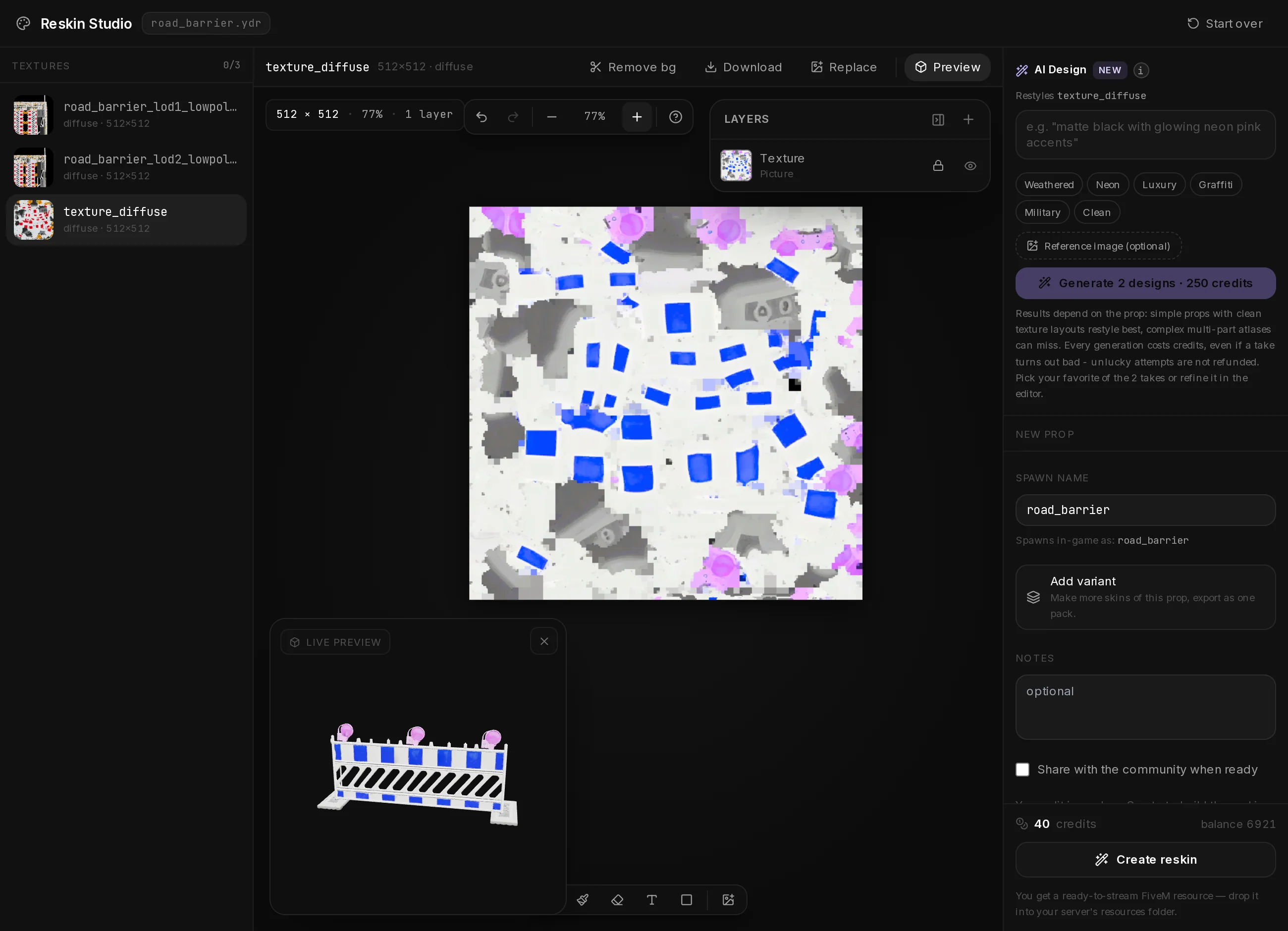 The whole Reskin Studio: the Textures list on the left, the editor with the open texture in the middle and the live 3D preview on it, AI Design and the new prop settings on the right.
