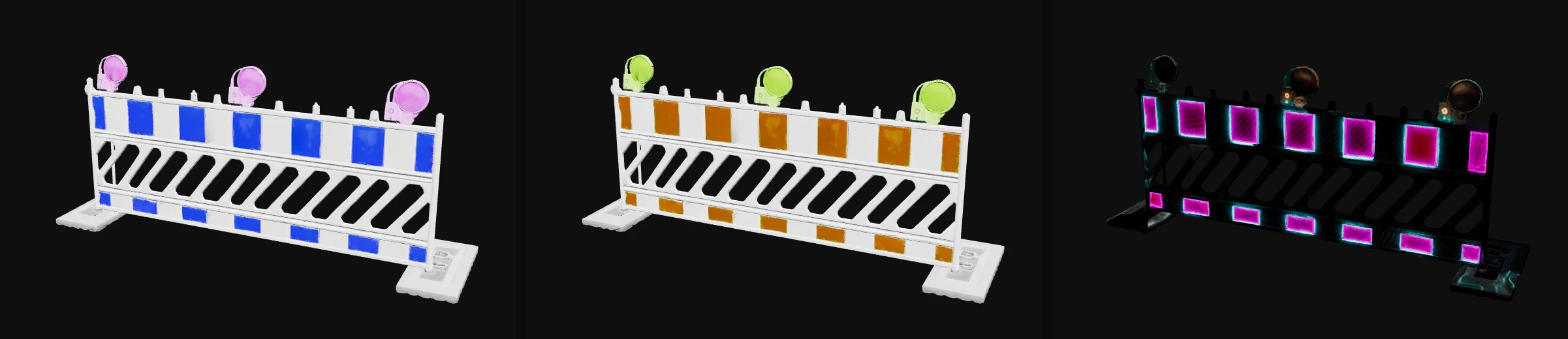 The three skins of the barrier pack side by side: barrier_blue, barrier_yellow (amber stripes) and barrier_neon, all from the same road barrier.