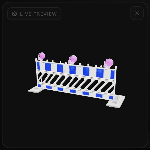 The live 3D preview in the Reskin Studio: the road barrier with blue and white stripes after the recolour.