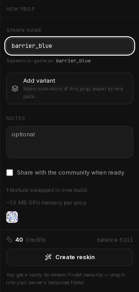 The New prop settings of the Reskin Studio: Spawn name barrier_blue with its in-game name, Add variant, Notes, the share option, the edit summary, the GPU memory estimate, 40 credits and Create reskin.