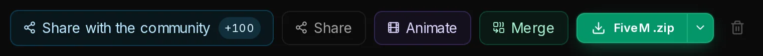 The actions of a finished reskin: Share with the community, Share, Animate, Merge and FiveM .zip with its download menu.