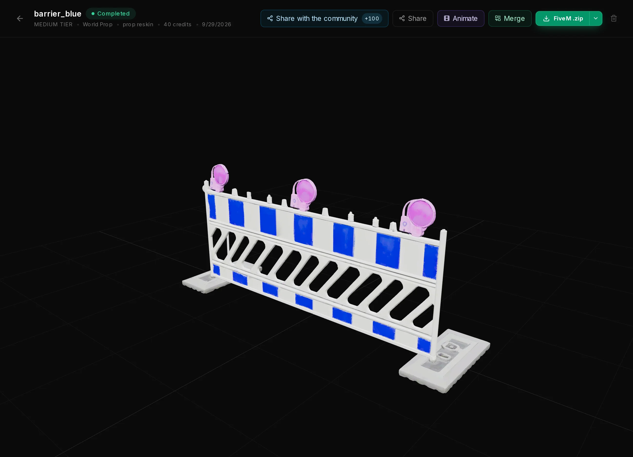 The page of the finished barrier_blue reskin: the prop in a 3D view and FiveM .zip at the top right.