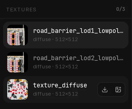 The Textures list of the Reskin Studio for the road barrier: three textures with their size and role, and download and replace buttons on the row under the pointer.