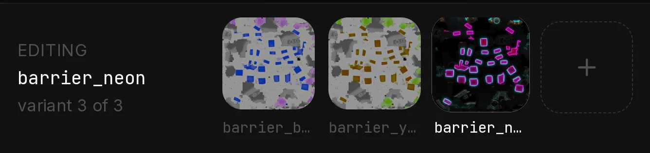 The variant strip under the editor: Editing barrier_neon, variant 3 of 3, three skin tiles named barrier_blue, barrier_yellow and barrier_neon, and the plus tile.
