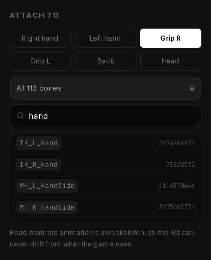 The Attach to section: six quick bones with Grip R selected, and the full bone list opened and searched for hand.