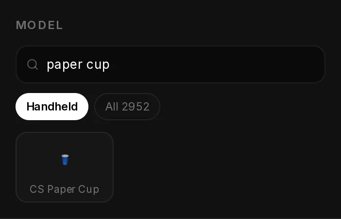 The Model section of Prop Attach: the search box with paper cup typed in, the Handheld and All 2952 filters, and the matching props as tiles.