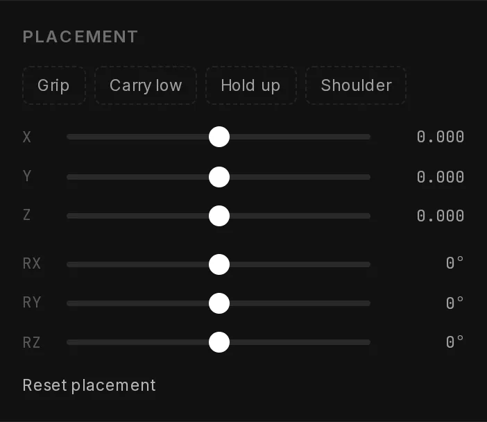 The Placement section: the Grip, Carry low, Hold up and Shoulder starting points, sliders for X, Y and Z in metres and RX, RY and RZ in degrees, all at zero, and Reset placement.