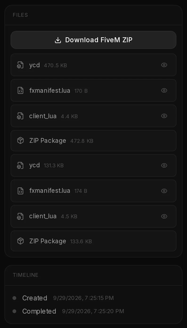 The Files list of a finished Prop Attach build: Download FiveM ZIP, then the ycd, fxmanifest.lua, client_lua and ZIP Package of the in-place and of the walking version, and the timeline.