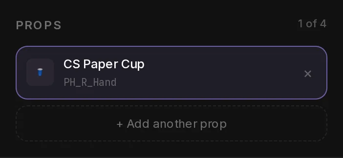 The Props list of Prop Attach: one slot with CS Paper Cup on PH_R_Hand, 1 of 4, and + Add another prop.
