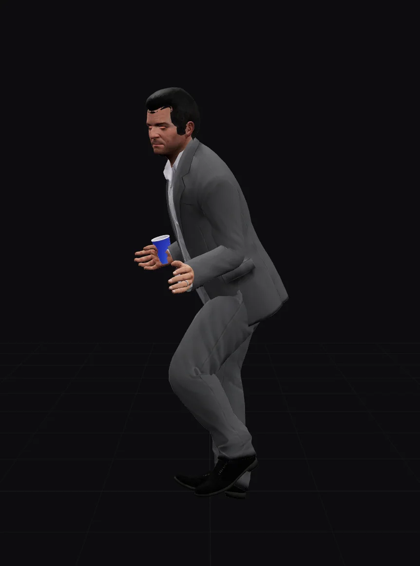 The Prop Attach preview turned to the front: the ped from the moonwalk animation holds the paper cup in the right hand.