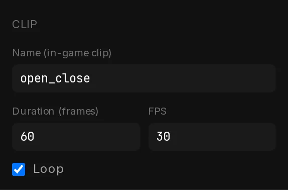 The Clip settings at the top of the Properties column: Name (in-game clip) open_close, Duration 60 frames, FPS 30 and Loop ticked.