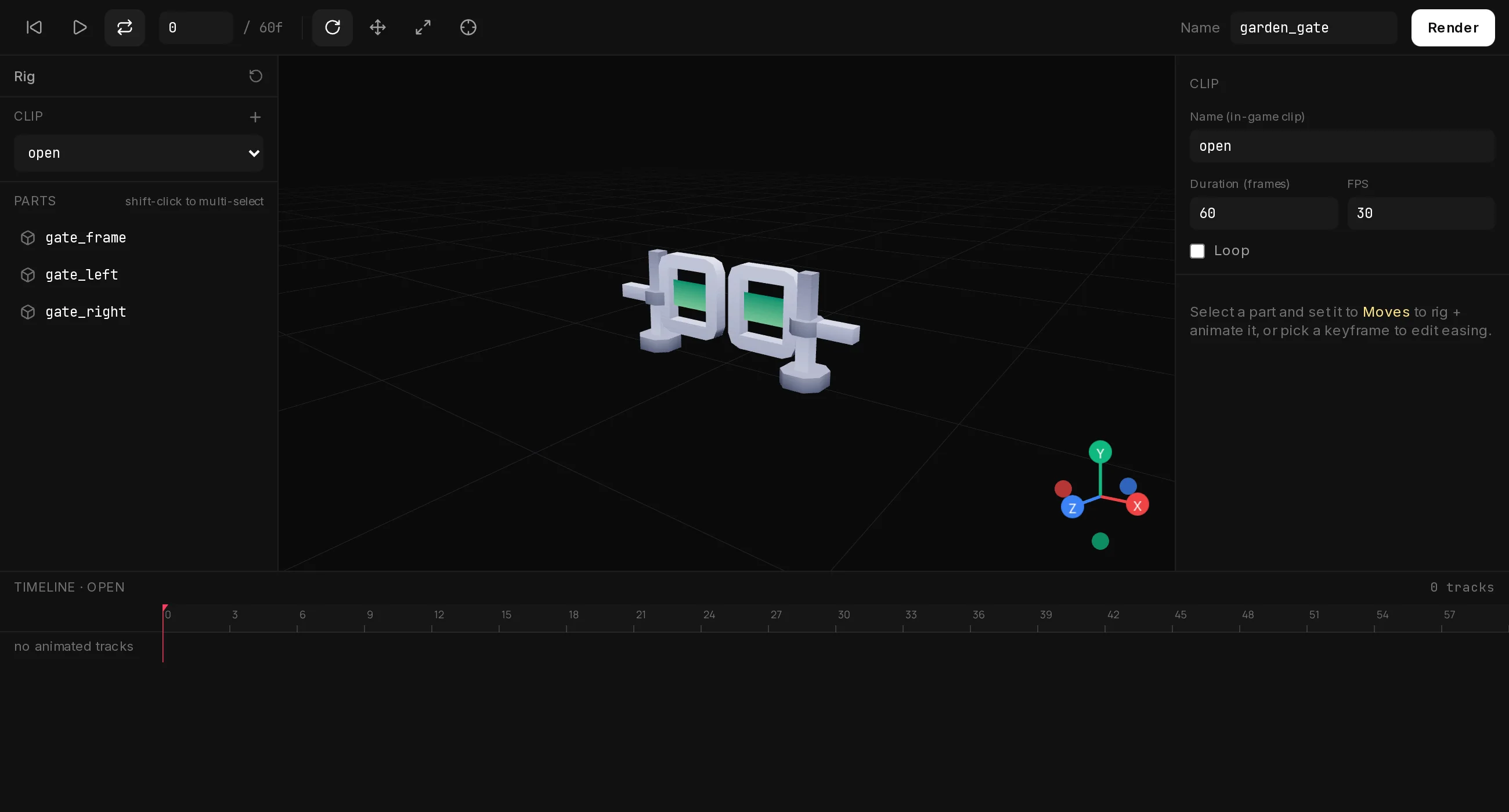 Prop Studio with the garden gate loaded: the toolbar on top, the Rig column with clips and parts on the left, the 3D view in the middle, Properties on the right and the timeline at the bottom.