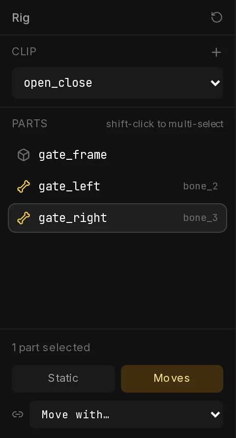 The parts list after rigging: gate_left and gate_right carry the moving-part icon and their bone name, gate_frame stays static.