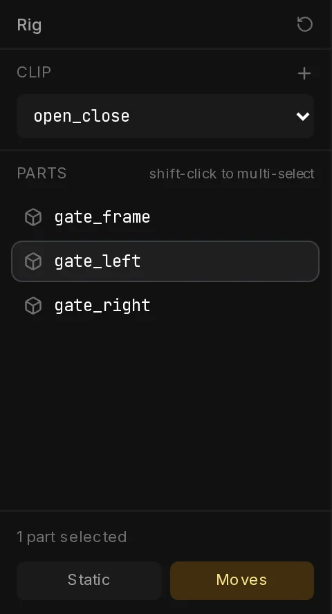 The Rig column with the Clip menu and the list of parts from the file: gate_left is selected, and the bar below offers Static and Moves.