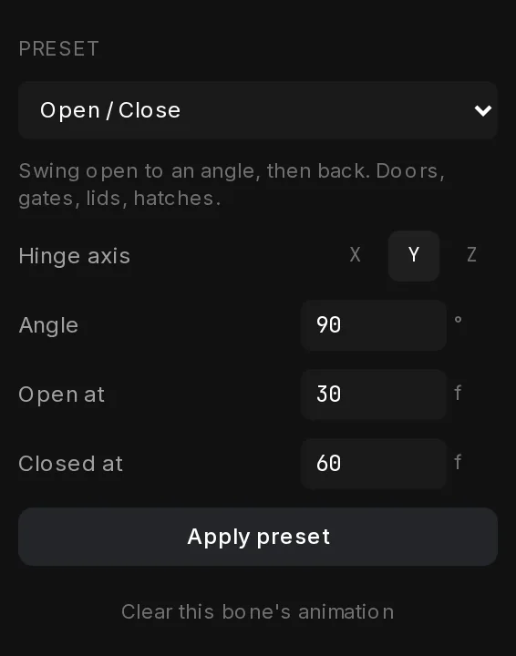 The Preset block for gate_left: Open / Close picked, with Hinge axis Y, Angle 90, Open at 30 and Closed at 60 frames, and the Apply preset button.