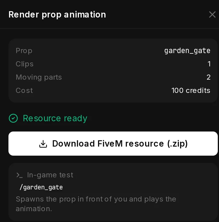 The render panel after a finished render: Resource ready, the Download FiveM resource (.zip) button and the in-game test command /garden_gate.