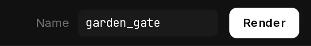 The right end of the studio toolbar: the Name field with garden_gate and the Render button.