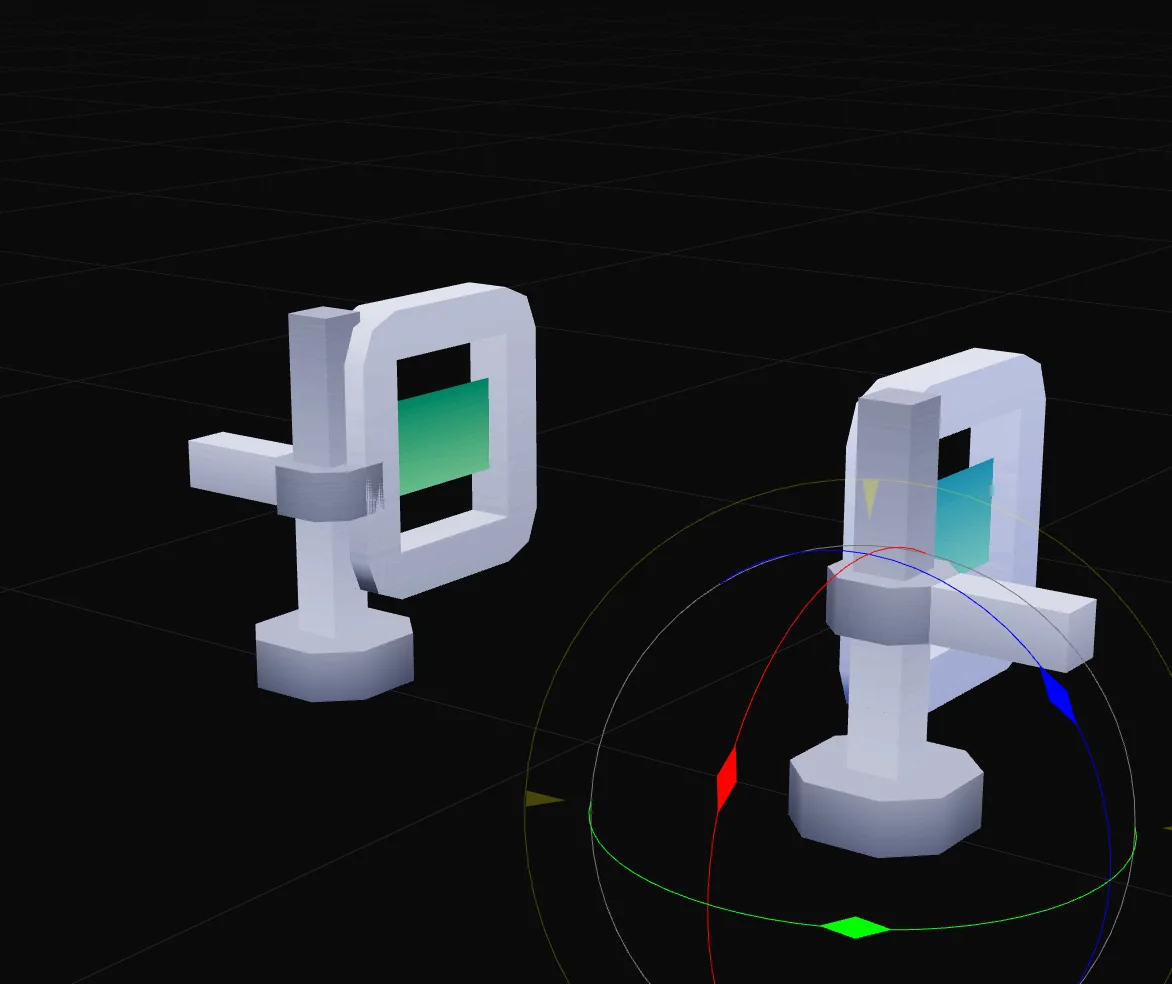 The 3D view at frame 30: both leaves of the garden gate have swung 90 degrees away from the camera around their hinges.